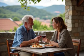 Couple basque dégustant pintxos en plein air à Dancharia