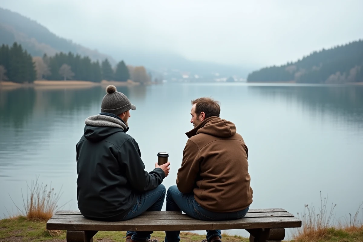 Couple au bord du lac de Gérardmer lors d'une pause sur la boucle de randonnée