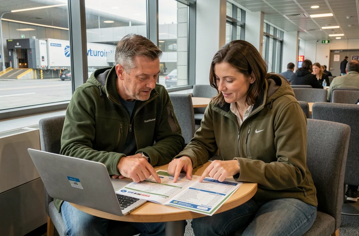 Couple examinant ensemble la brochure tarifaire du tunnel sous la Manche dans le salon du terminal Eurotunnel avant leur traversée