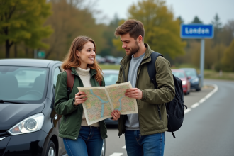 Jeune couple vérifiant une carte routière dans la campagne française