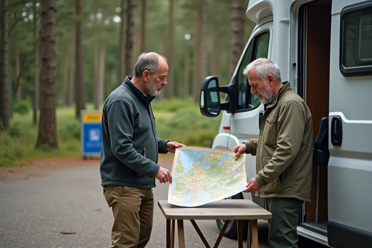 Couple de camping-caristes consultant une carte routière de l'Allemagne devant leur véhicule en forêt