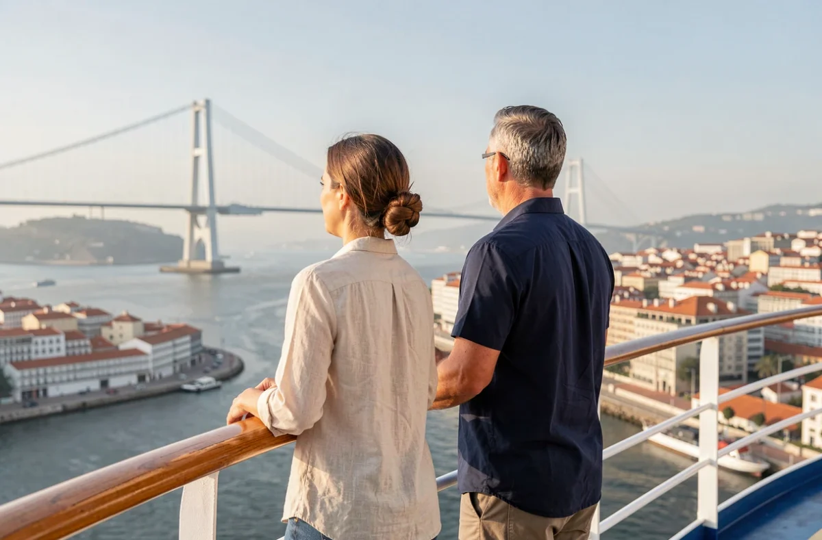 Couple sur le pont d'un bateau de croisière au départ de Lisbonne avec vue sur le pont du 25 Avril