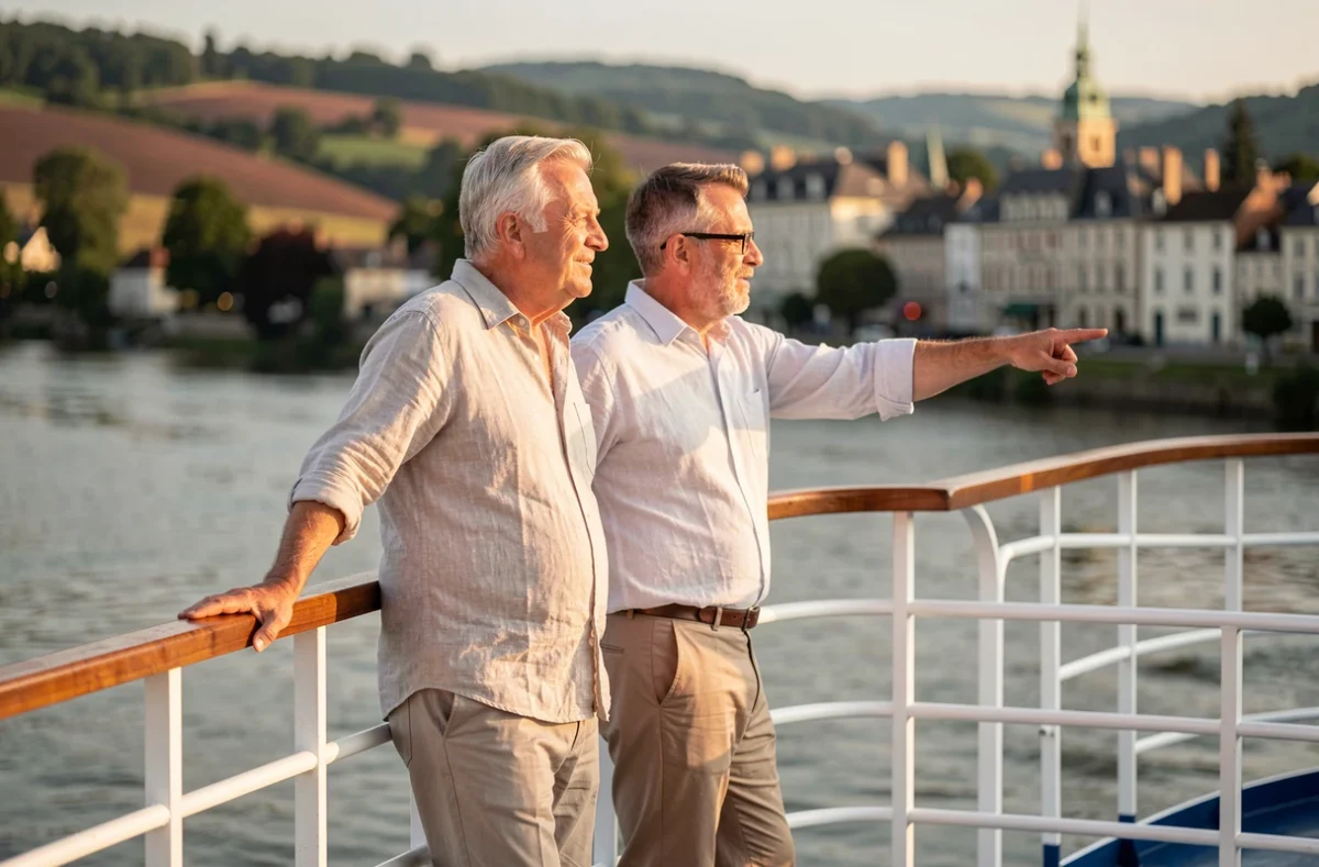 Couple de touristes profitant d'une escale en croisière sur la Saône depuis le pont du bateau