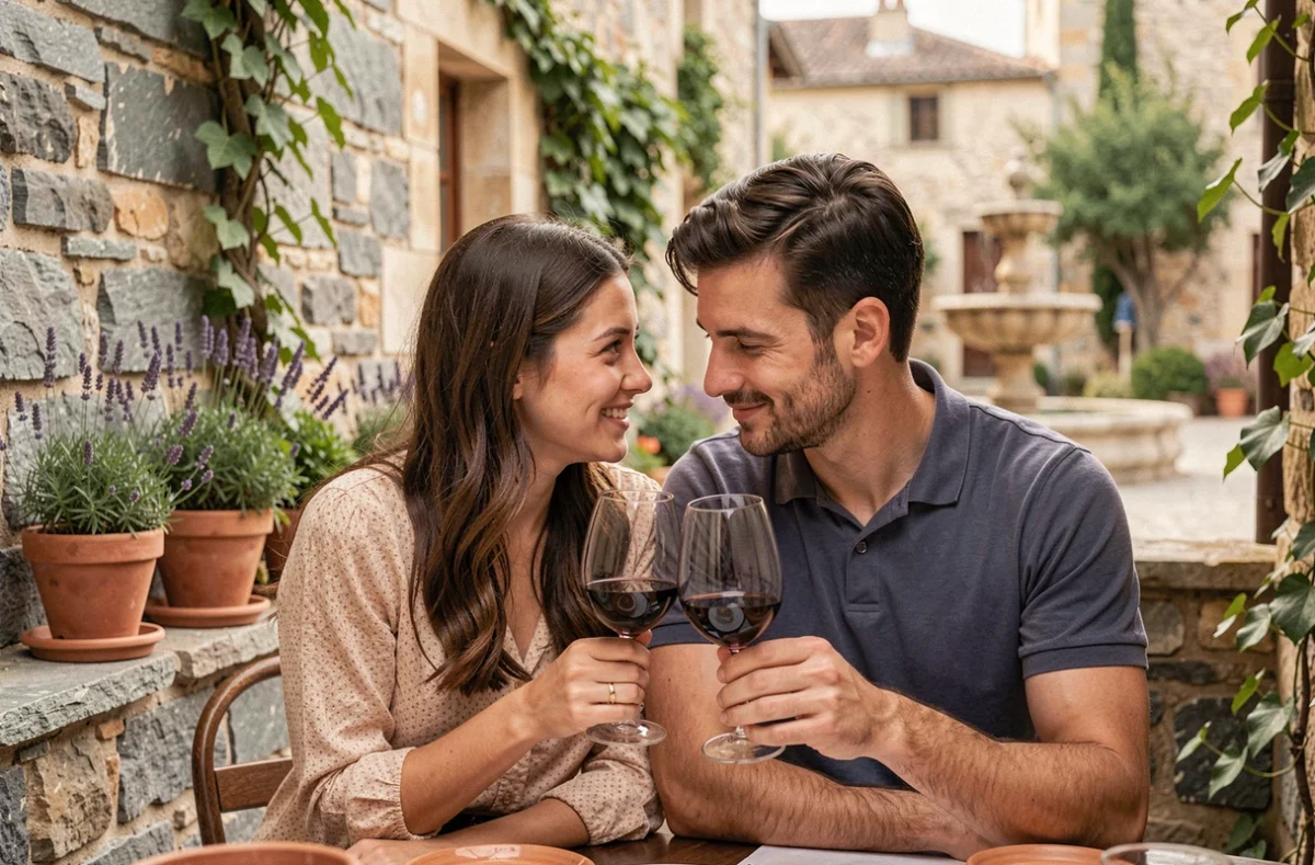 Couple dégustant du vin local sur une terrasse en pierre d'un village ardéchois médiéval