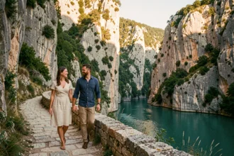Couple se promenant main dans la main sur un chemin en pierre dans les gorges de l'Ardèche