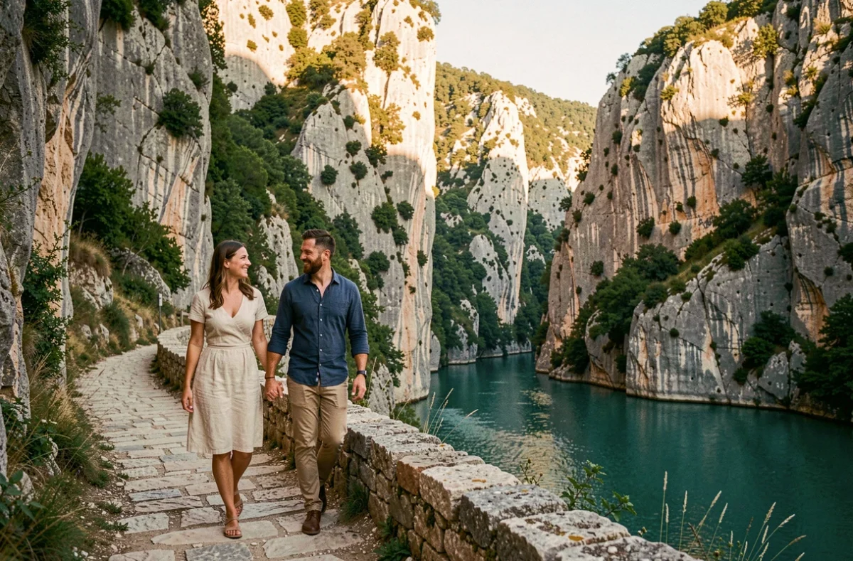 Couple se promenant main dans la main sur un chemin en pierre dans les gorges de l'Ardèche