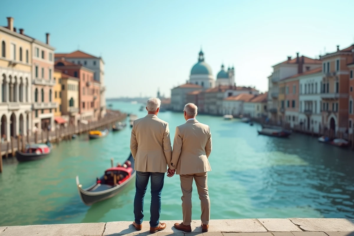 Couple regardant le Grand Canal à Venise avec gondoles