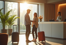 Jeune couple à l'accueil d'un hôtel moderne avec réception lumineuse