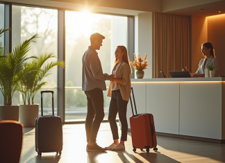 Réserver un hôtel : choisir le meilleur moment pour profiter ! Jeune couple à l'accueil d'un hôtel moderne avec réception lumineuse