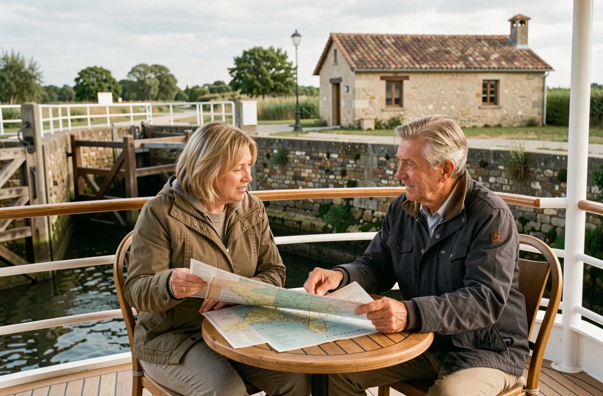 Couple consultant une carte d'itinéraire sur le pont d'un bateau de croisière fluviale traversant une écluse en Occitanie