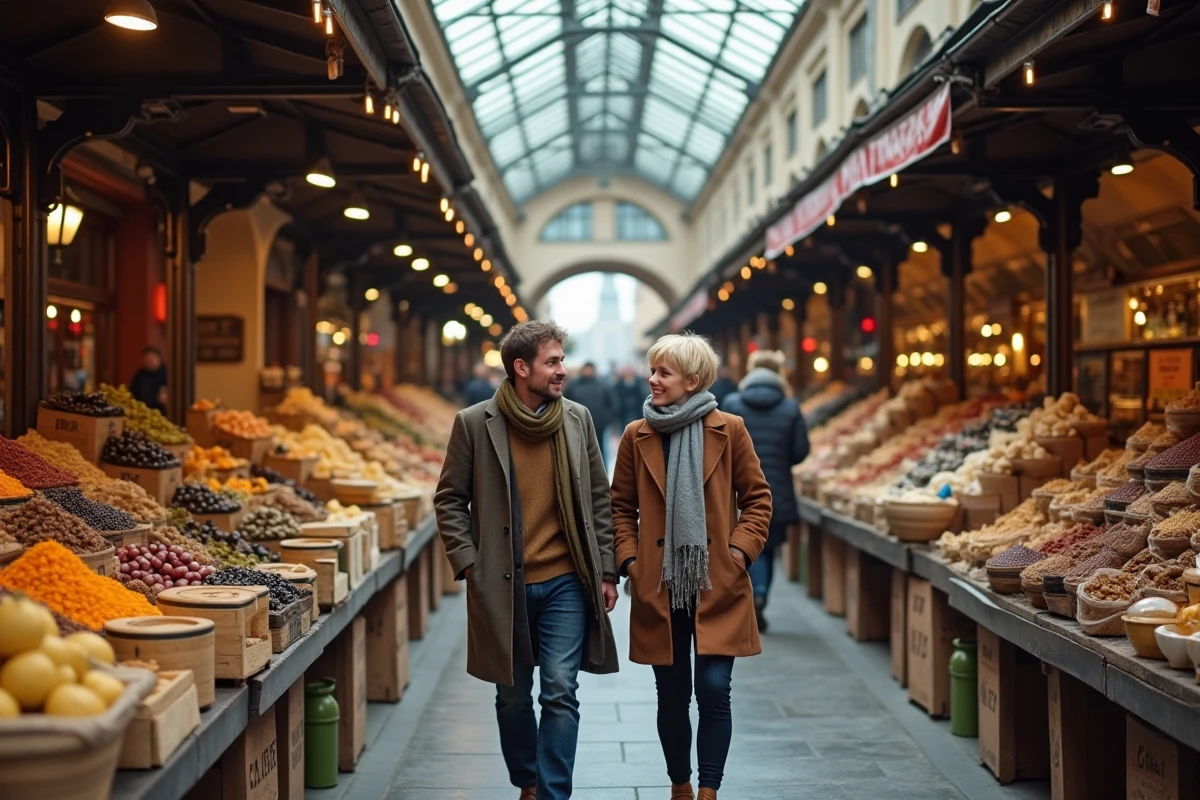 Couple se promenant au marché Naschmarkt de Vienne entre les étals colorés