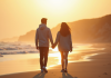 Jeune couple marchant sur une plage normande au coucher du soleil