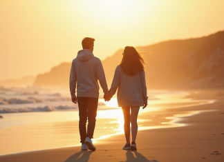 Jeune couple marchant sur une plage normande au coucher du soleil