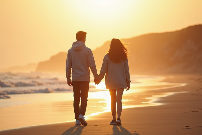 Jeune couple marchant sur une plage normande au coucher du soleil