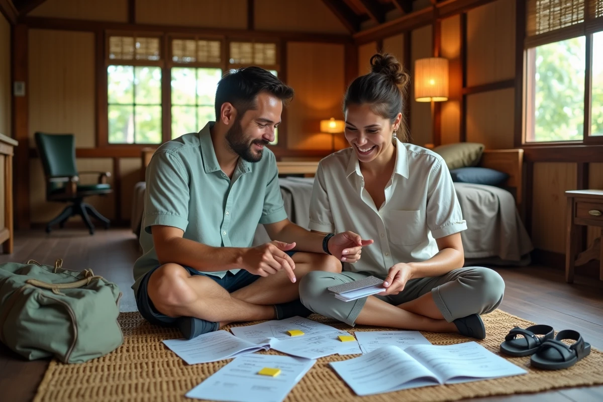 Couple planifiant un road trip en Thaïlande avec billets gratuits et guides de voyage dans une guesthouse traditionnelle