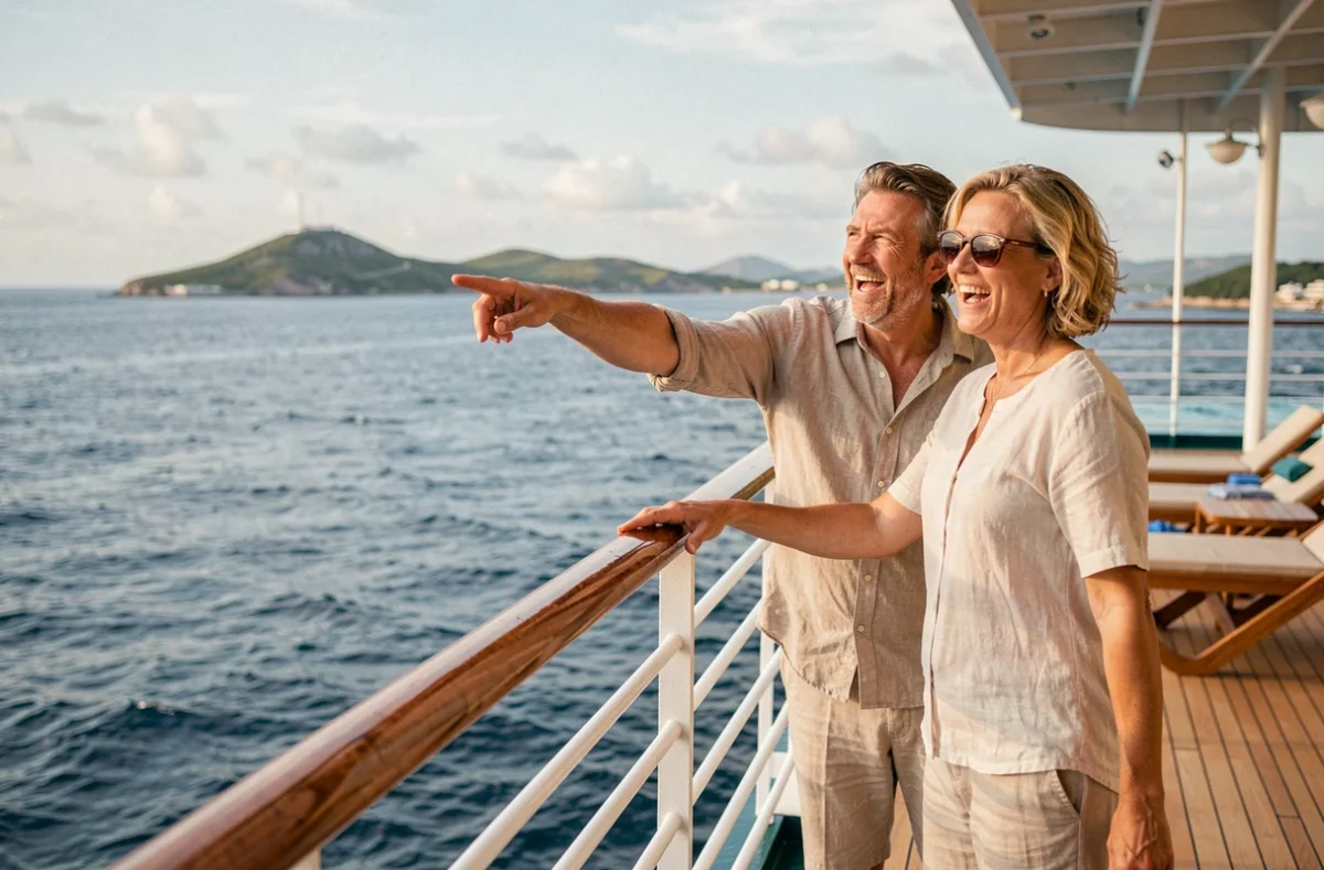 Couple de touristes sur le pont d'un bateau de croisière Royal Caribbean pointant vers une île au loin