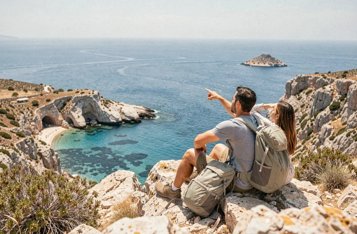 Couple de randonneurs sur un promontoire rocheux de l'île de Halki contemplant une crique aux eaux turquoise en Grèce