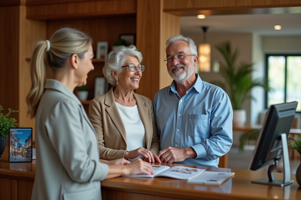 Couple discutant avec réceptionniste dans un hôtel