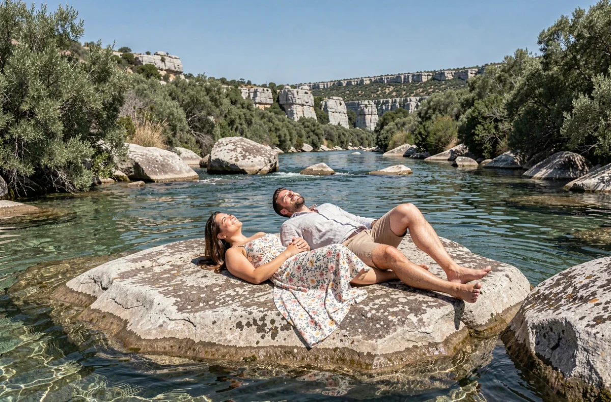 Couple allongé sur un rocher au bord de la rivière Ardèche sous un ciel bleu estival