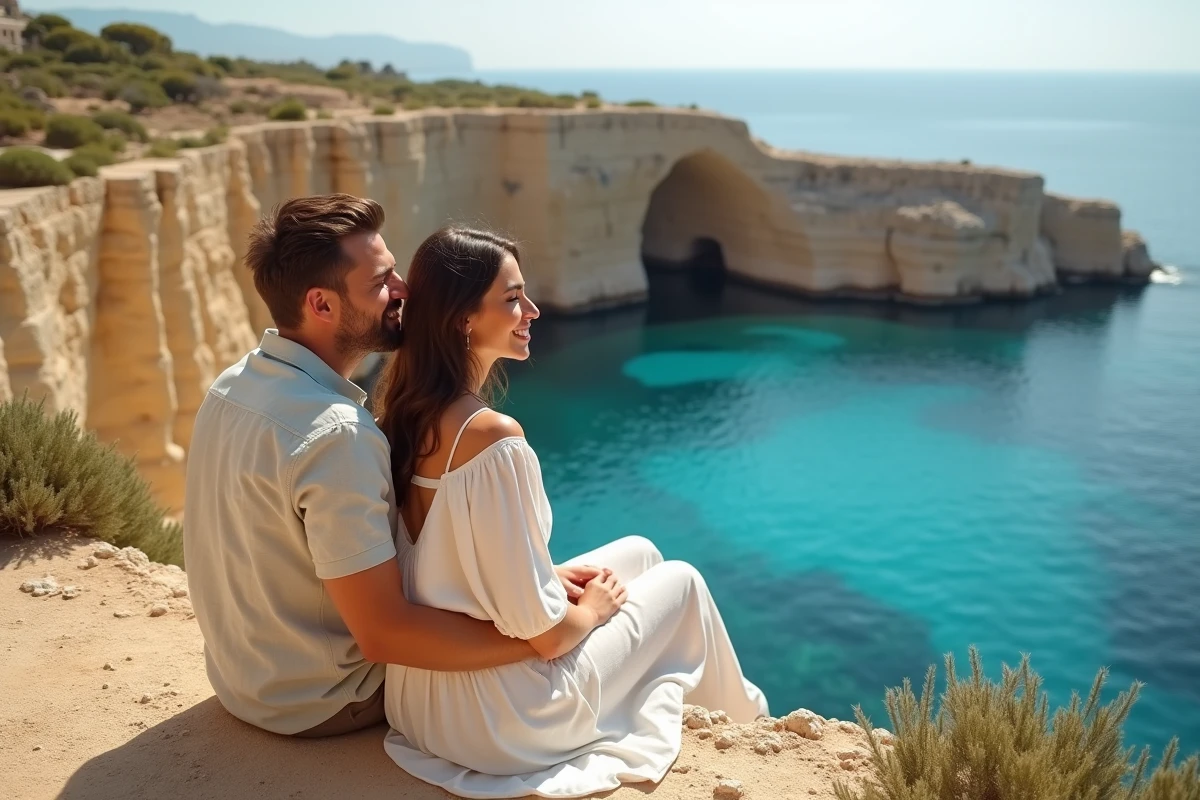 Couple romantique assis sur une falaise en calcaire doré surplombant une crique cachée aux eaux turquoise à Malte