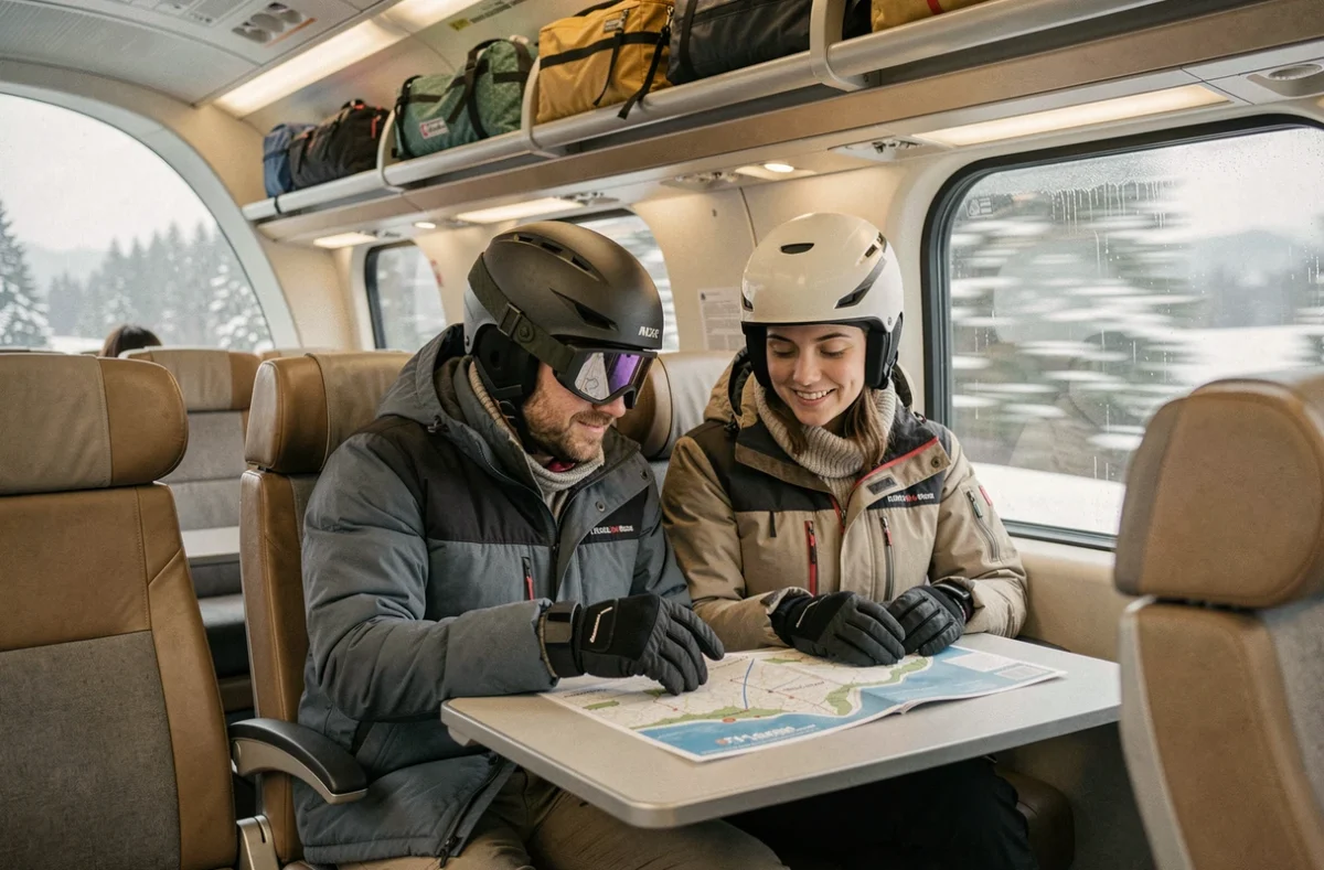 Couple de skieurs dans un TGV consultant une carte des stations de ski françaises accessibles depuis Paris