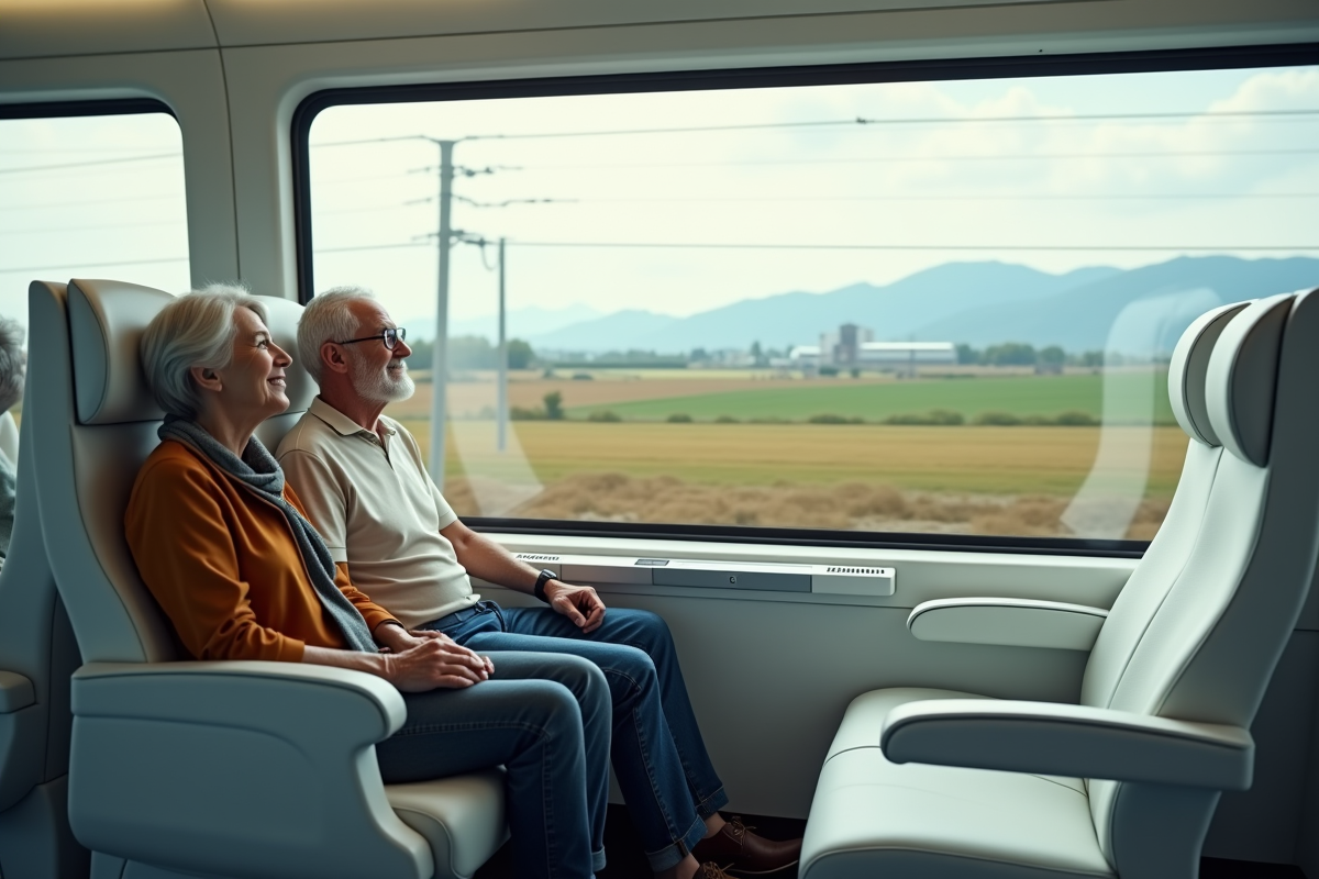 Couple agee dans train moderne regardant par la fenetre