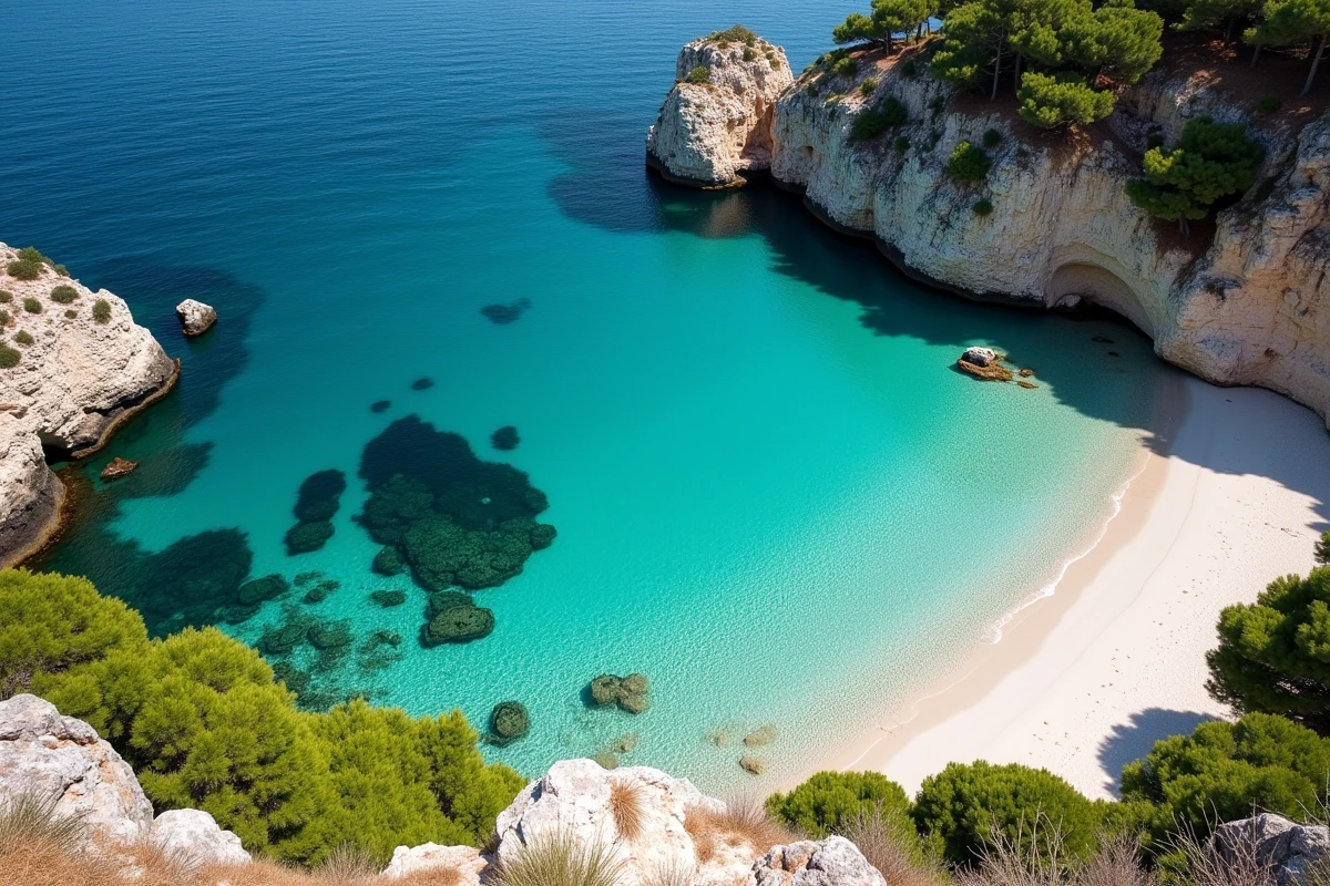 Vue panoramique d'une crique isolée en Corse avec eau translucide et pins parasols