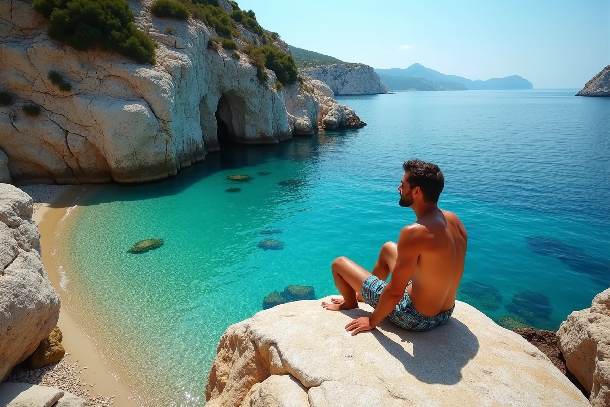 Crique rocheuse isolée de Folégandros avec un homme contemplant la mer turquoise depuis un rocher calcaire