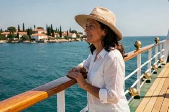 Femme en chapeau de paille appuyée sur le bastingage d'un bateau de croisière avec vue sur la côte méditerranéenne