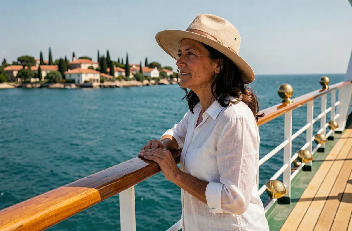 Femme en chapeau de paille appuyée sur le bastingage d'un bateau de croisière avec vue sur la côte méditerranéenne