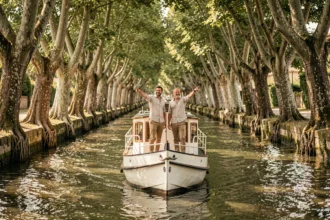 Couple sur une péniche blanche naviguant sur le Canal du Midi entouré de platanes centenaires, idéal pour une mini croisière fluviale en France