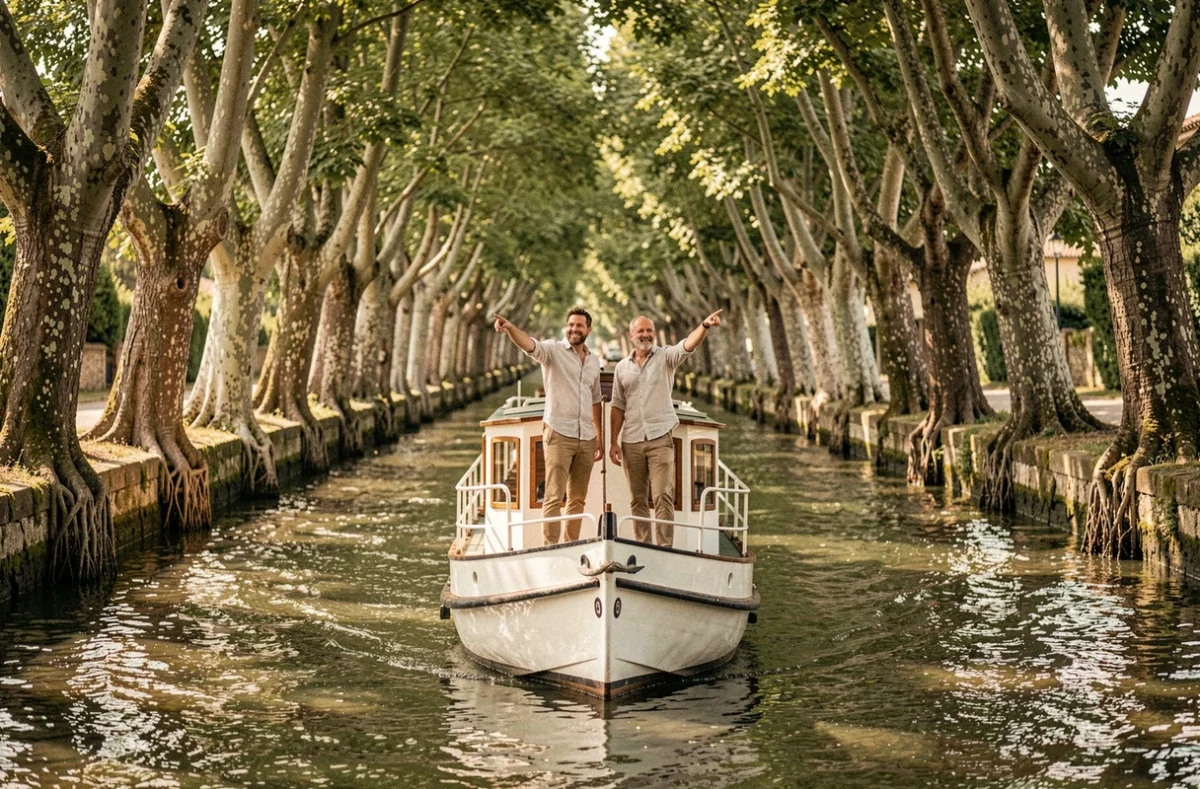 Couple sur une péniche blanche naviguant sur le Canal du Midi entouré de platanes centenaires, idéal pour une mini croisière fluviale en France