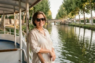Femme en croisière fluviale sur le Canal du Midi près de Toulouse, accoudée au bastingage d'un bateau de plaisance