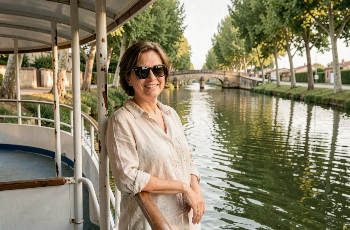 Femme en croisière fluviale sur le Canal du Midi près de Toulouse, accoudée au bastingage d'un bateau de plaisance