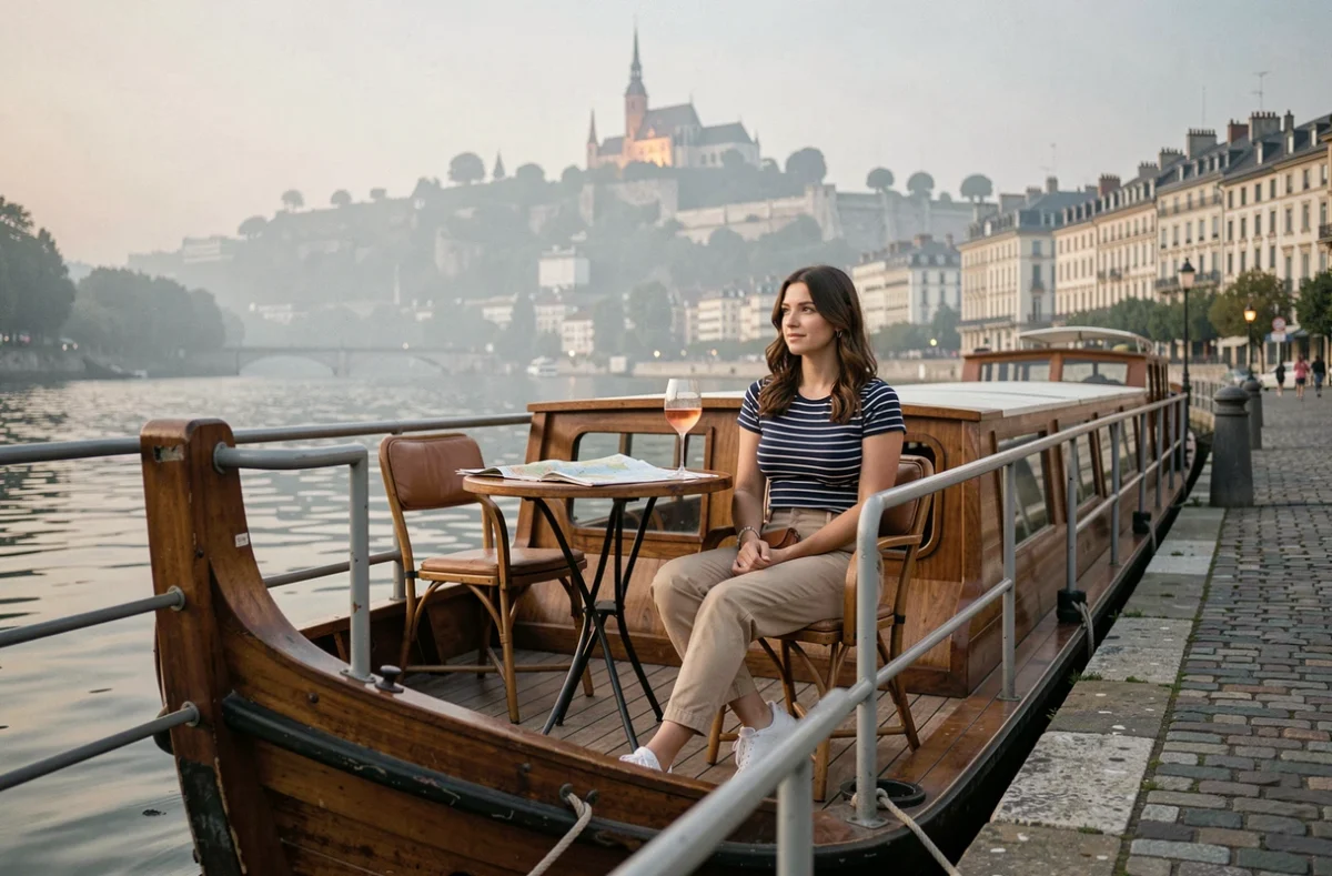 Femme profitant d'un verre en terrasse sur un bateau fluvial amarré aux quais de Lyon avec la basilique de Fourvière en arrière-plan
