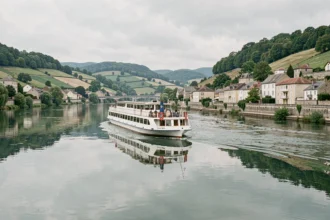 Bateau de croisière fluviale naviguant sur la Saône en France avec villages au bord de l'eau