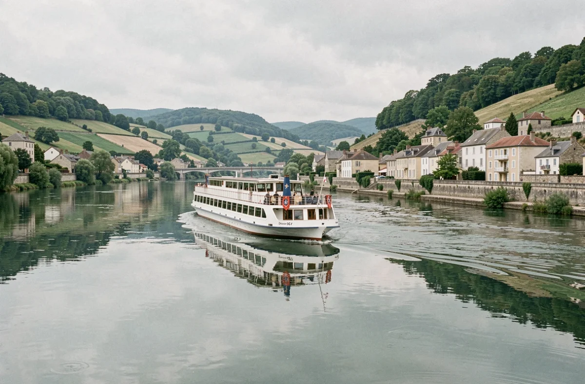 Bateau de croisière fluviale naviguant sur la Saône en France avec villages au bord de l'eau