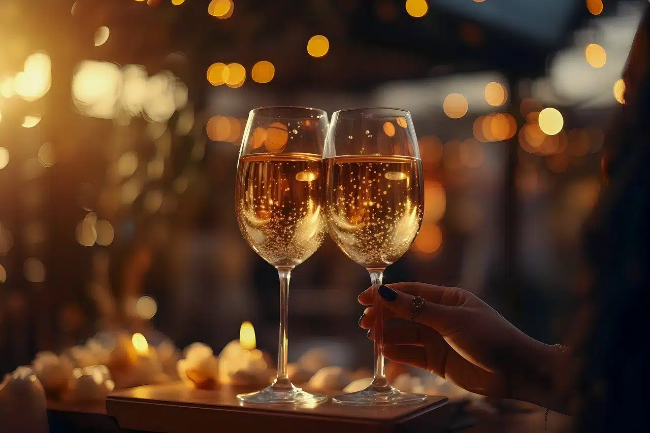 Deux verres de champagne sur une table en tête à tête dans une love room