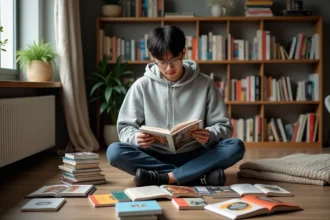 Jeune homme lisant de nouveaux mangas boylove entouré de volumes colorés dans un appartement cosy