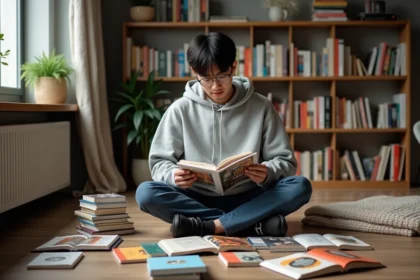 Jeune homme lisant de nouveaux mangas boylove entouré de volumes colorés dans un appartement cosy