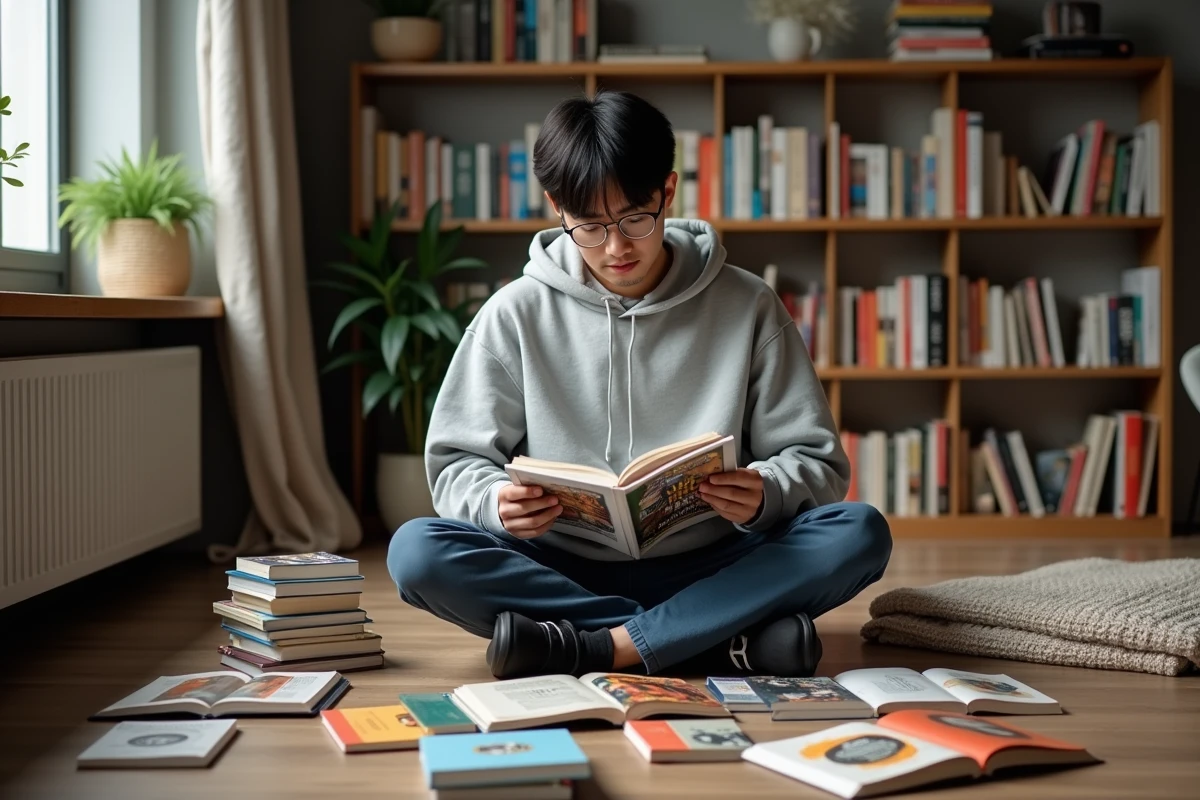Jeune homme lisant de nouveaux mangas boylove entouré de volumes colorés dans un appartement cosy