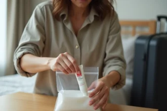 Femme qui prépare ses liquides en bagage cabine avec un tube de dentifrice dans un sac plastique transparent réglementaire
