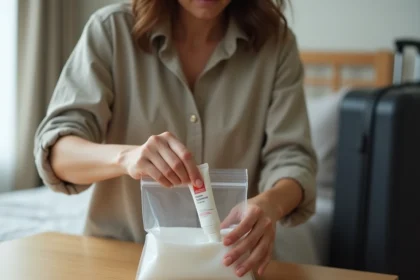 Femme qui prépare ses liquides en bagage cabine avec un tube de dentifrice dans un sac plastique transparent réglementaire
