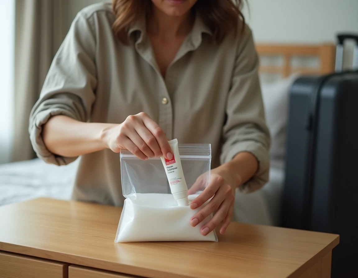 Femme qui prépare ses liquides en bagage cabine avec un tube de dentifrice dans un sac plastique transparent réglementaire