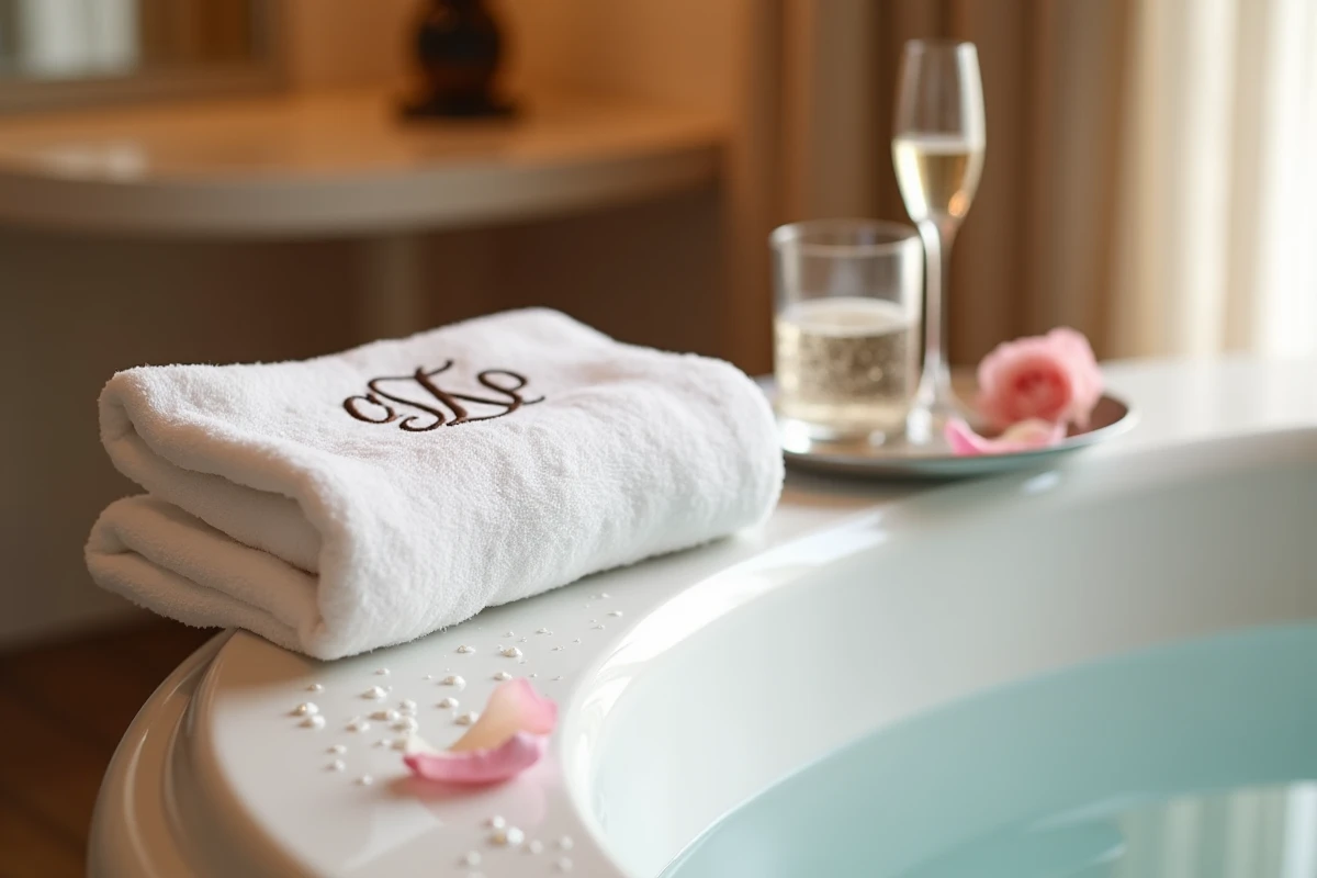 Détail de rebord de jacuzzi en hôtel parisien avec serviette monogrammée, pétales de rose et verre d'eau pétillante