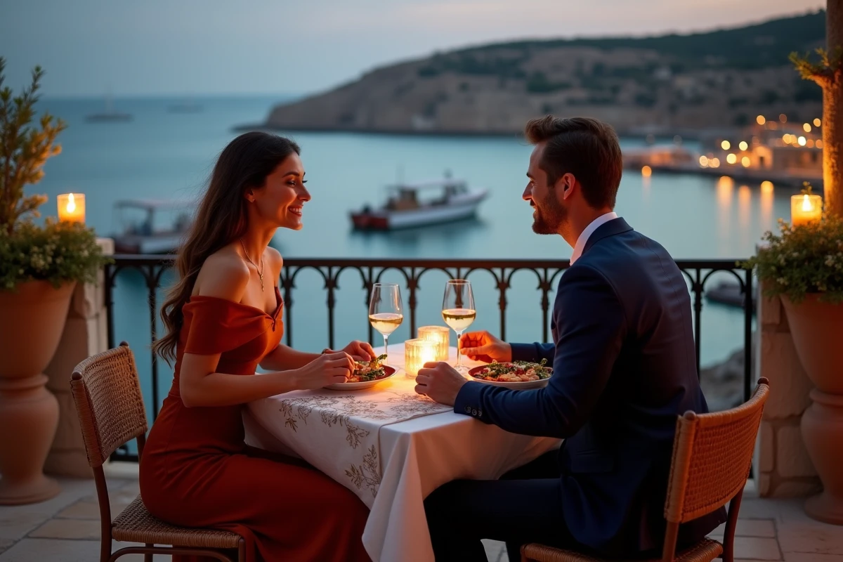 Couple dînant en terrasse dans un restaurant romantique face à la baie de Xlendi à Gozo au crépuscule
