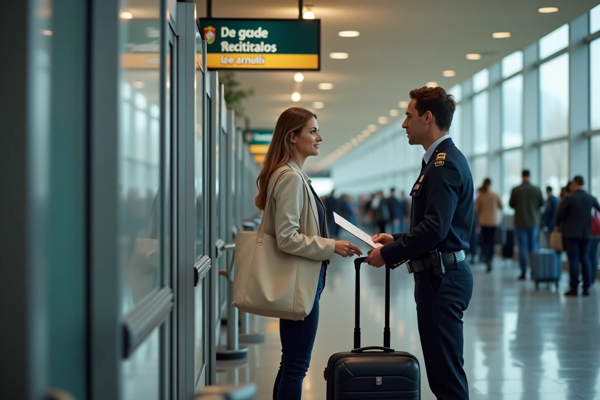 Voyageuse présentant ses documents à un agent des douanes espagnoles avec ses bagages