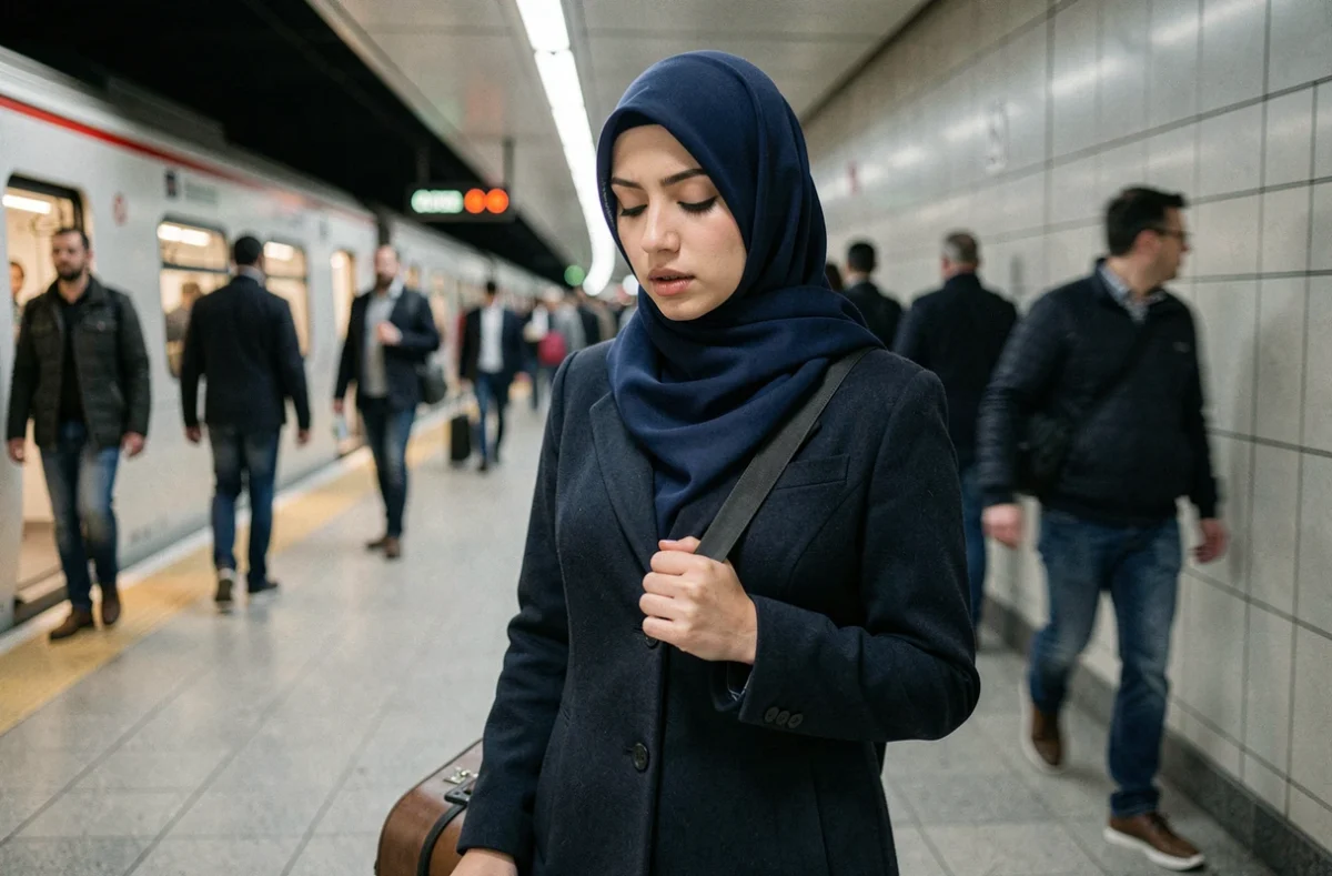 Femme musulmane en hijab récitant une prière de voyage sur un quai de train en ville