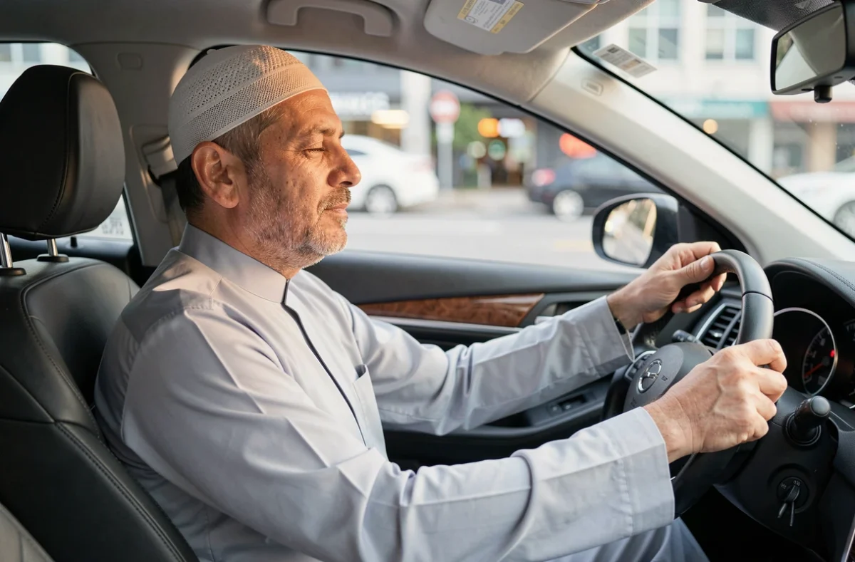 Homme musulman récitant une duaa du voyageur assis dans sa voiture avant un trajet quotidien