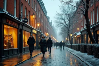Vue hivernale d'une rue pavée du centre de Dublin avec façades géorgiennes et passants emmitouflés sous un ciel nuageux